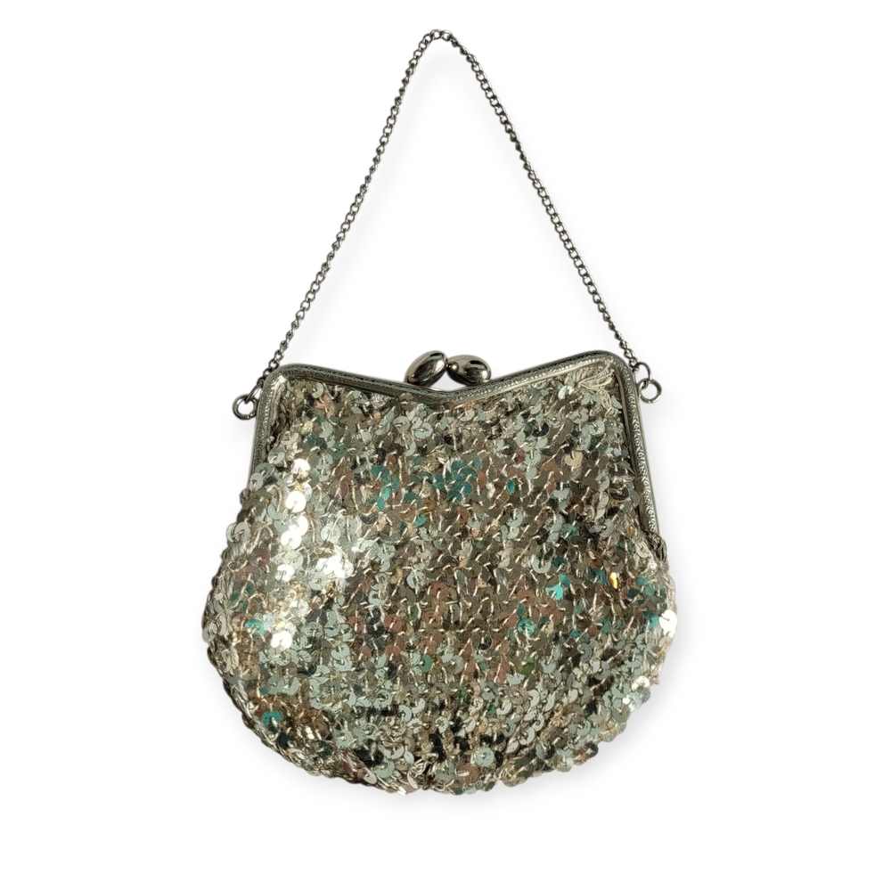 Late 1940s Sequin Evening Bag Post-War Glam Silver With Aqua Satin Lining